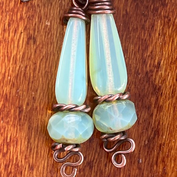 Elegant Tea Green Opalite Dangle Earrings, Wire Wrapped Drop Earrings - Picture 3 of 4
